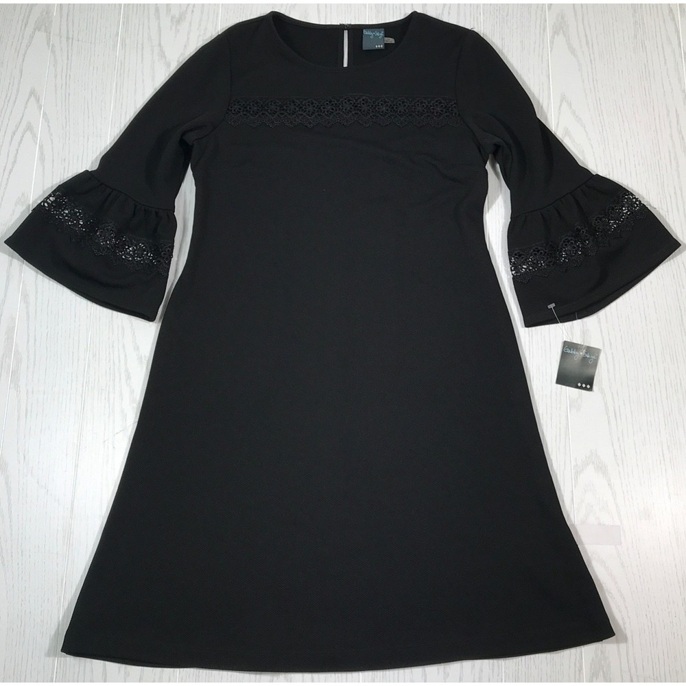 Gabby Skye Cocktail Dress Womens 10 Black Ruffle 3/4 Flare Sleeve Crochet Trim